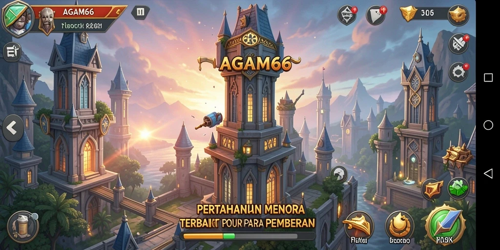 Screenshot utama AGAM66 menunjukkan aksi seru pertahanan menara.