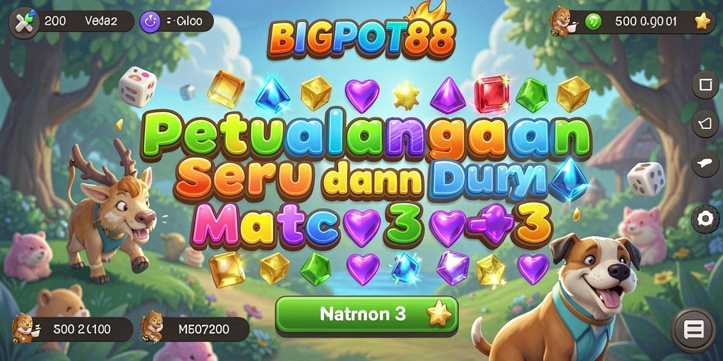 Screenshot utama BIGPOT88 menampilkan gameplay Match-3 yang seru.