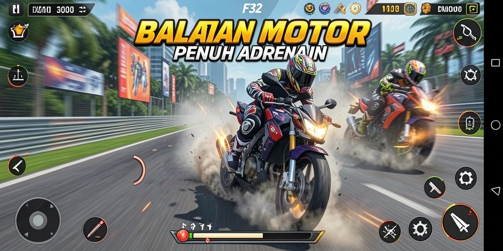 Tampilan gameplay F32 dengan balapan motor yang mendebarkan.