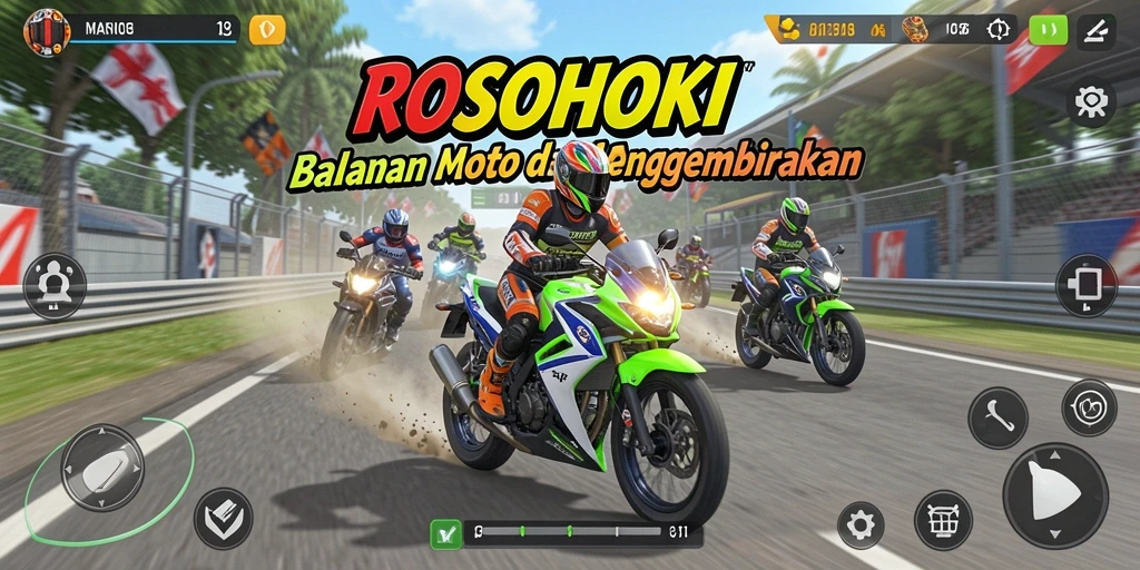 Screenshot gameplay ROSOHOKI menunjukkan aksi balapan motor yang mendebarkan.