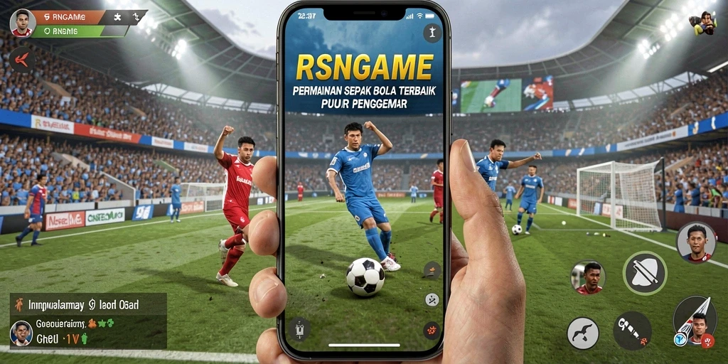 Tampilan gameplay utama RSNGAME dengan aksi sepak bola penuh semangat.
