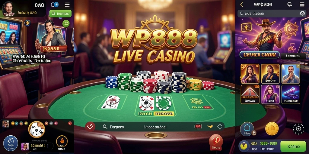 Tampilan utama WP888 menampilkan dealer langsung dan permainan kasino yang seru.